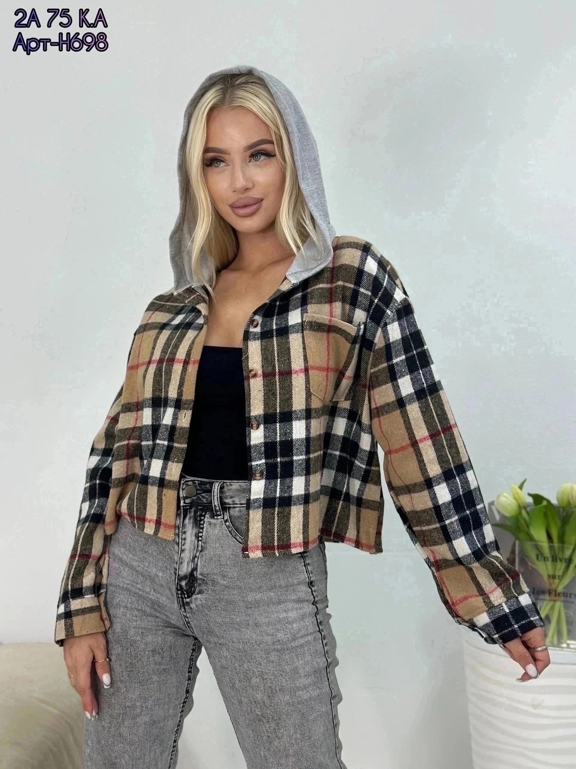 рубашка в клетку с капюшоном,женские одежда, ,женская рубашка,модная