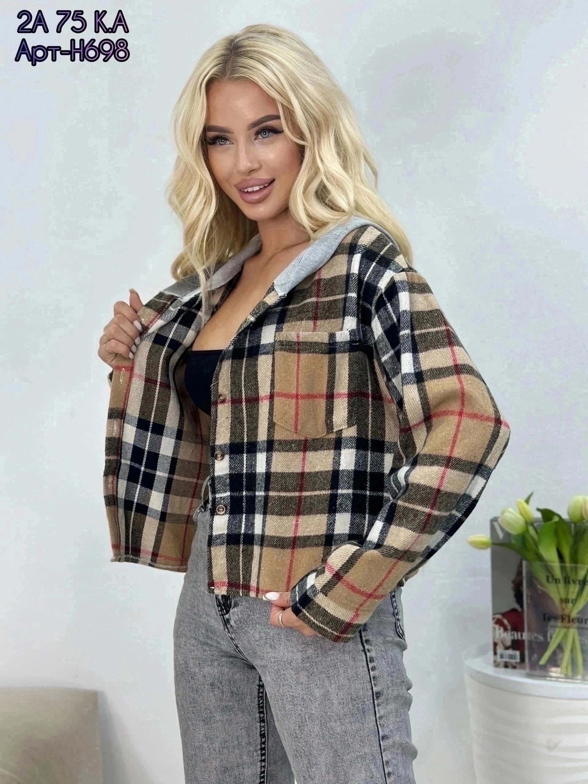 рубашка в клетку с капюшоном,женские одежда, ,женская рубашка,модная