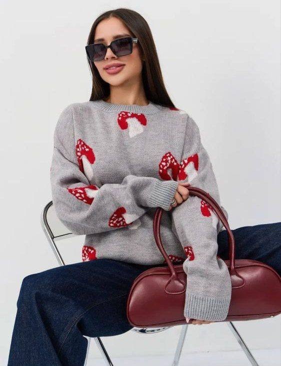 женский свитер с принтом,свитер с принтом,свитер с грибами,джемпер с принтом,свитер в стиле оверсайз