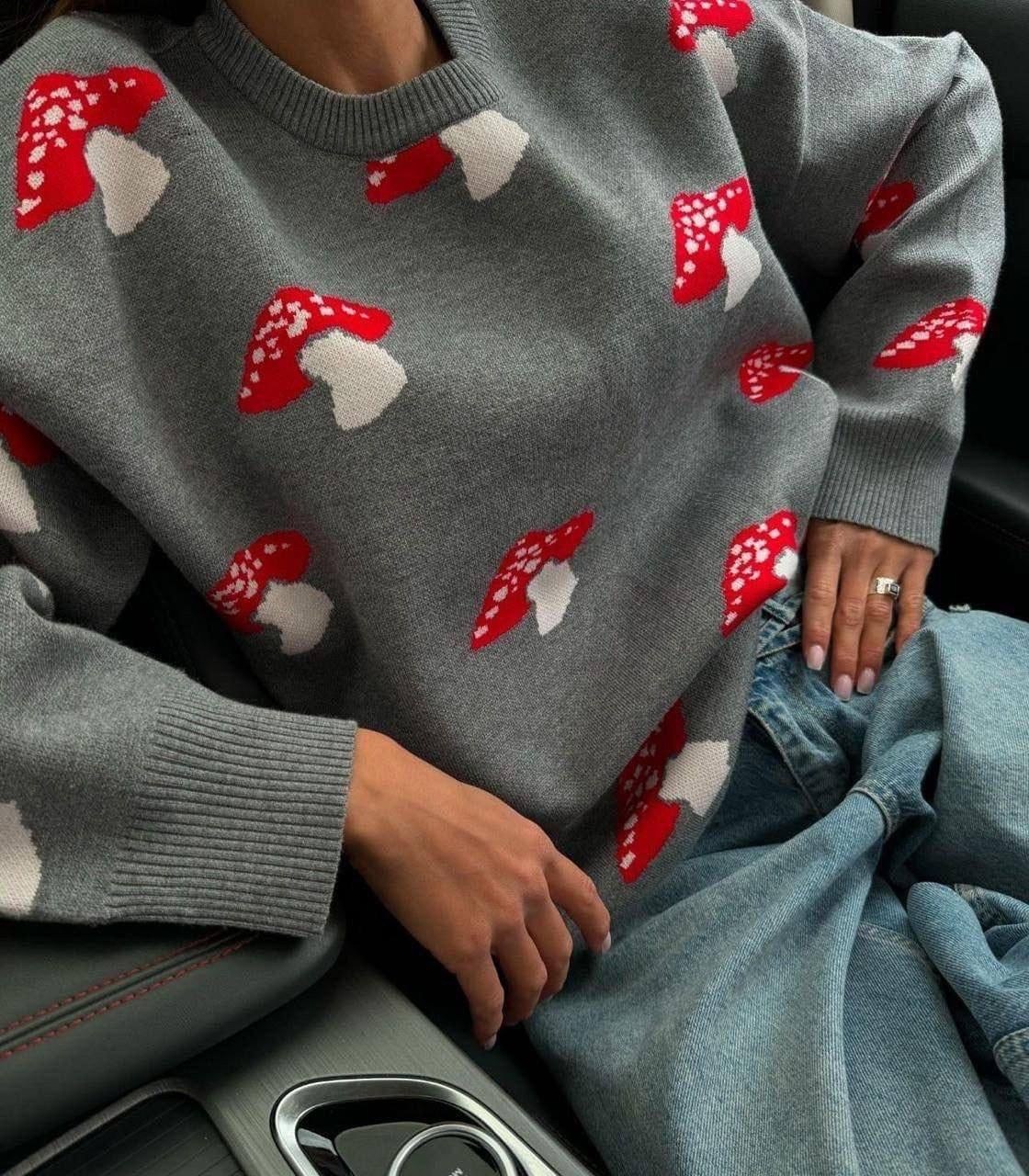 женский свитер с принтом,свитер с принтом,свитер с грибами,джемпер с принтом,свитер в стиле оверсайз