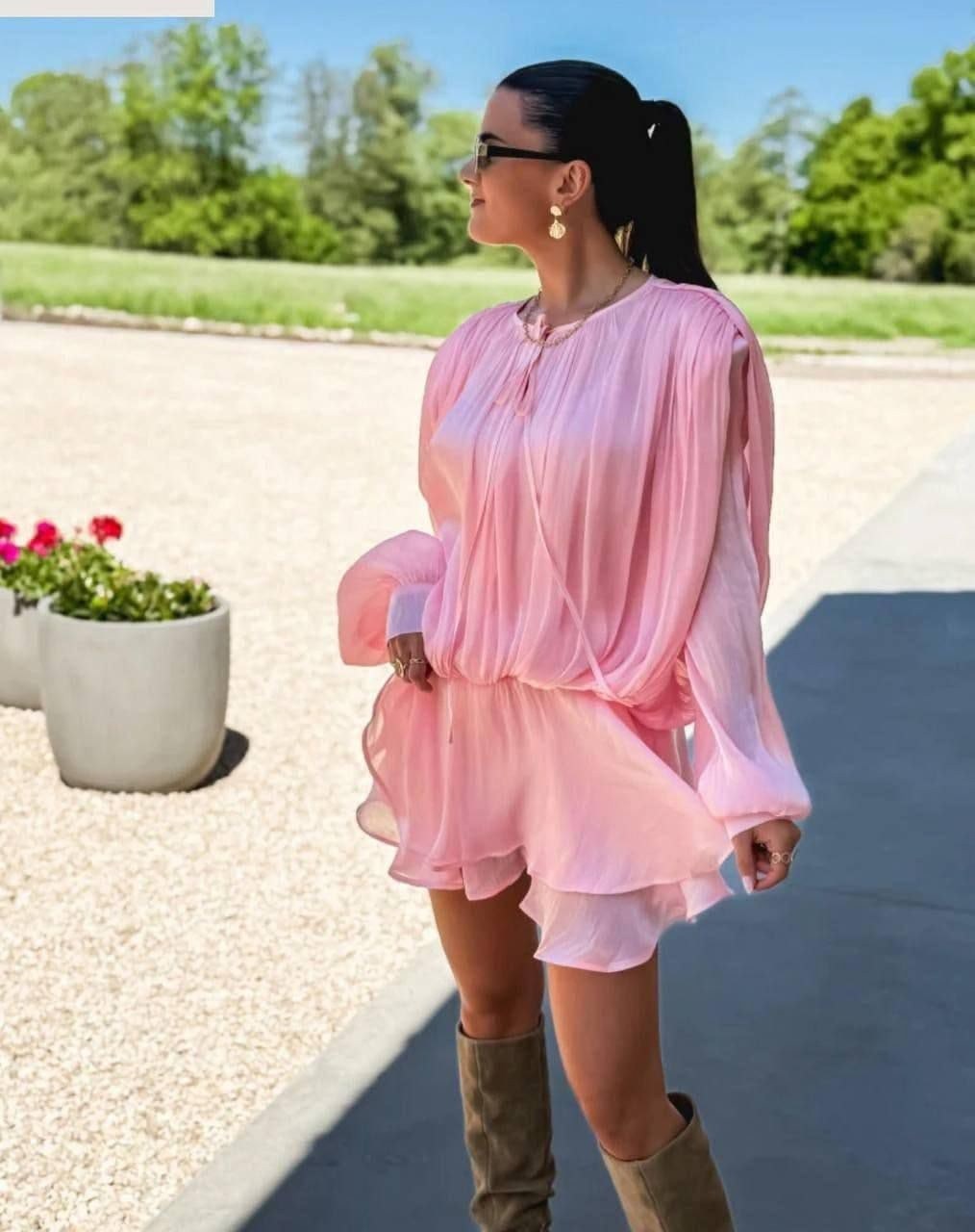 костюм розовый,платье с оборками,платье женская,короткое платье,шифоновое платье
