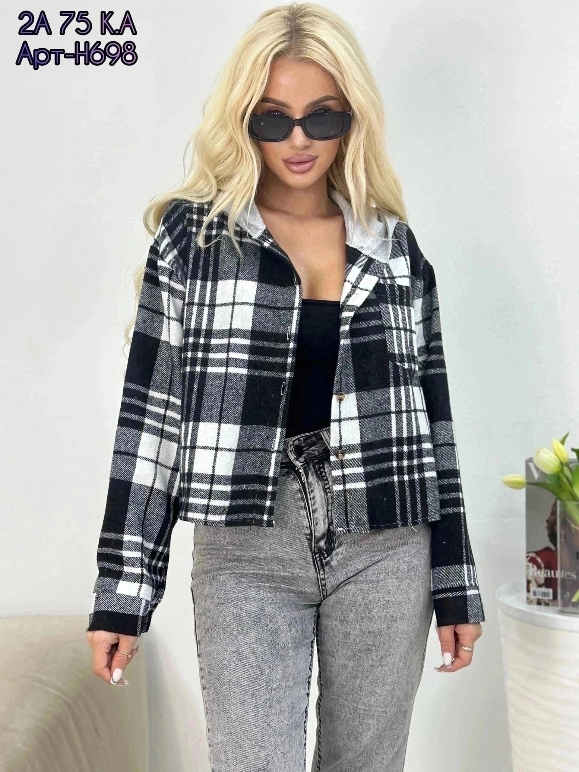 рубашка в клетку с капюшоном,женские одежда, ,женская рубашка,модная