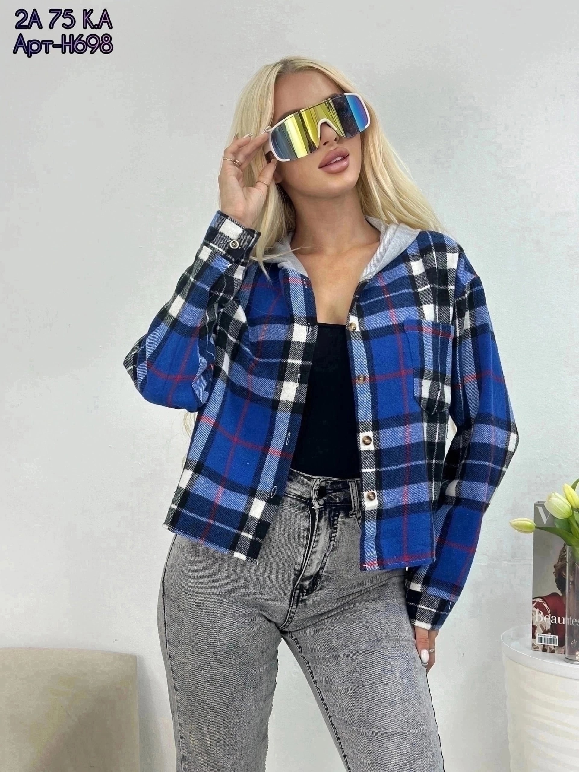 рубашка в клетку с капюшоном,женские одежда, ,женская рубашка,модная