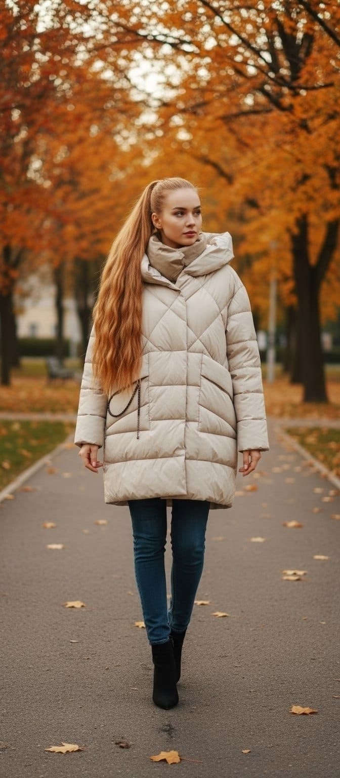 стильные пуховики,женский пуховик,пуховик,пуховик бежевый,пуховик удлиненный