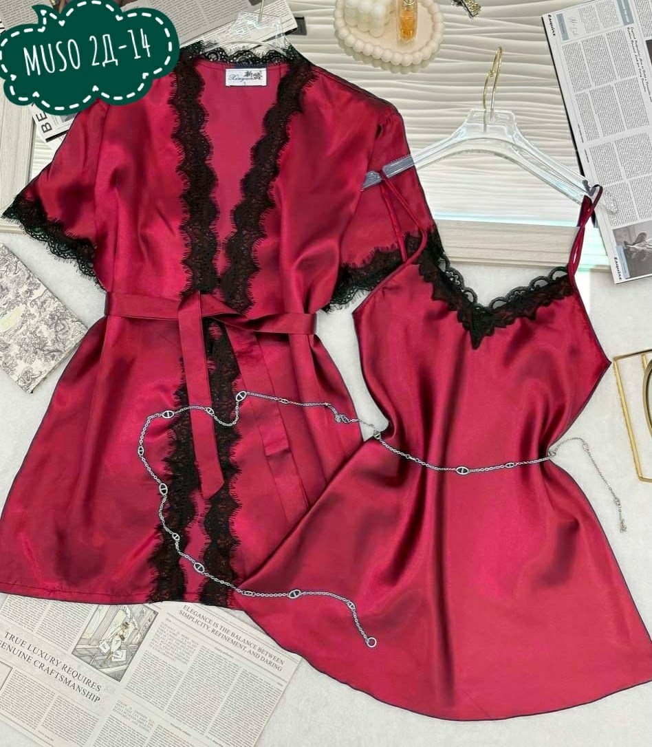 сорочка и пеньюар комплект из шелка темно-синий,женская пижама комплект,комплект халат и сорочка женская,пижама шелк,комплект пижама