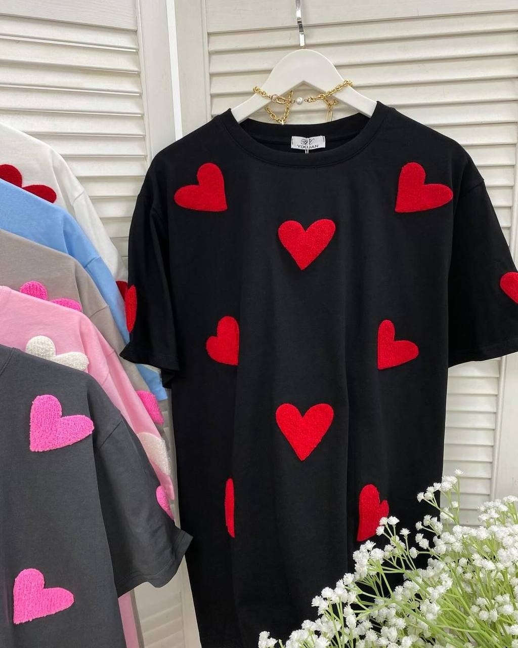 футболки женская оверсайз,футболки женская,футболка оверсайз с сердцами,футболка оверсайз с сердечками,футболка женская сердце