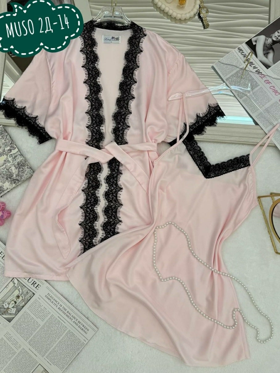 сорочка и пеньюар комплект из шелка темно-синий,женская пижама комплект,комплект халат и сорочка женская,пижама шелк,комплект пижама