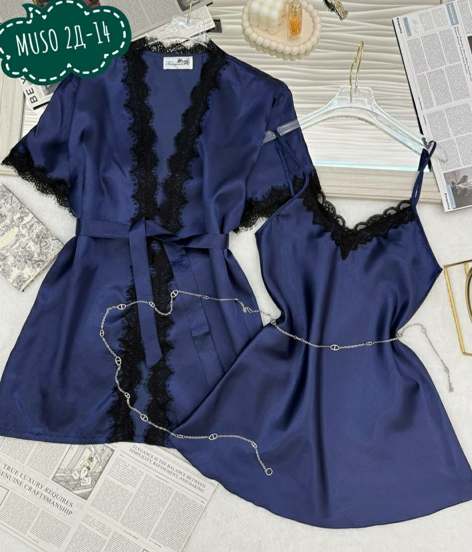сорочка и пеньюар комплект из шелка темно-синий,женская пижама комплект,комплект халат и сорочка женская,пижама шелк,комплект пижама