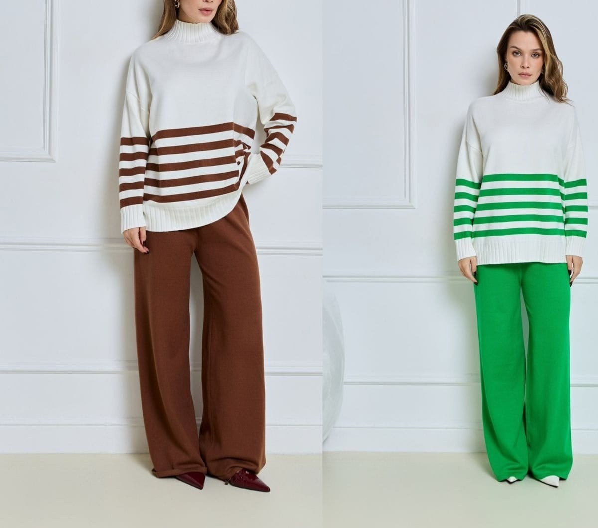 костюмы трикотажные,зеленые брюки палаццо,свитер в полоску,джемпер,джемпер в полоску