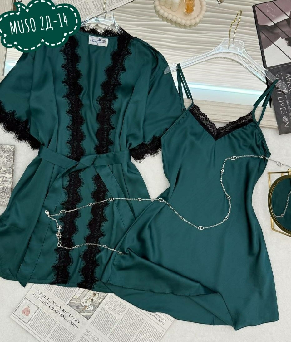 сорочка и пеньюар комплект из шелка темно-синий,женская пижама комплект,комплект халат и сорочка женская,пижама шелк,комплект пижама