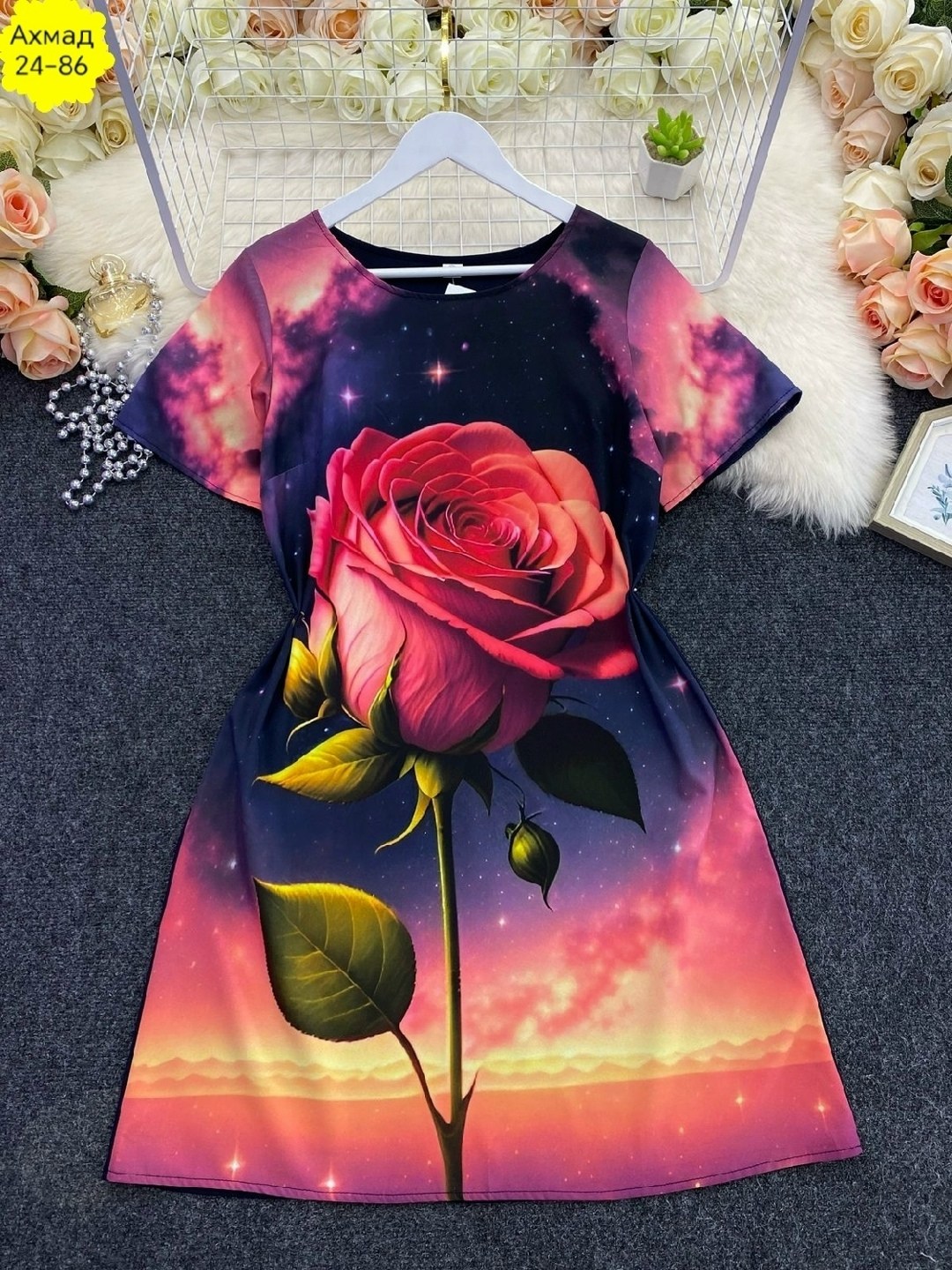 платье женские,шикарное платье,платье с рисунком розы,платье для девочек,платье туника