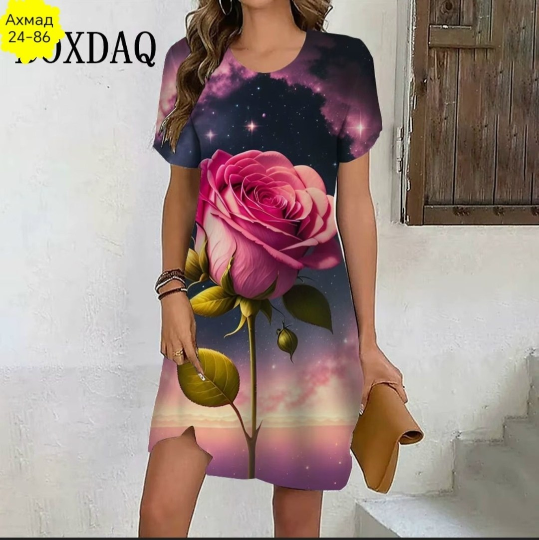 платье женские,шикарное платье,платье с рисунком розы,платье для девочек,платье туника