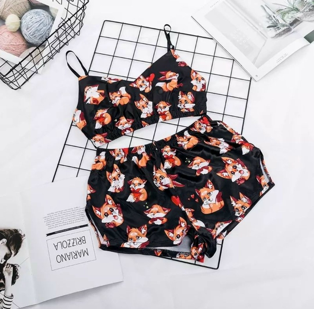 шелковая пижама с лисичками,пижама с лисичками женская,лис паппи пижама,пижама шелк,комплект пижама