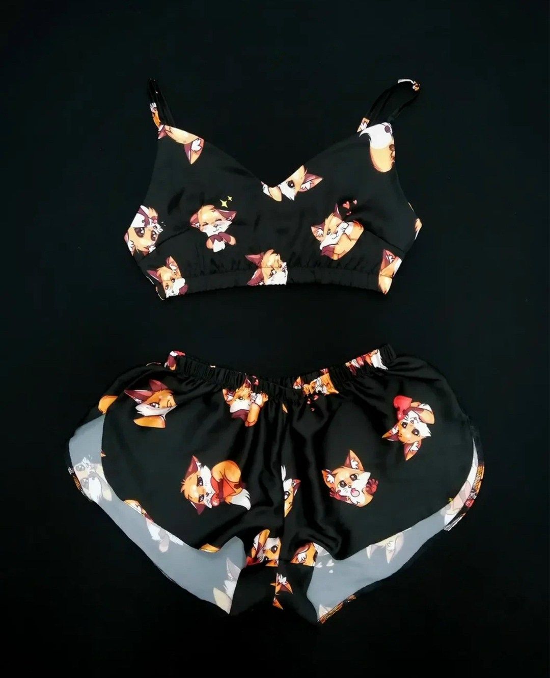 шелковая пижама с лисичками,пижама с лисичками женская,лис паппи пижама,пижама шелк,комплект пижама