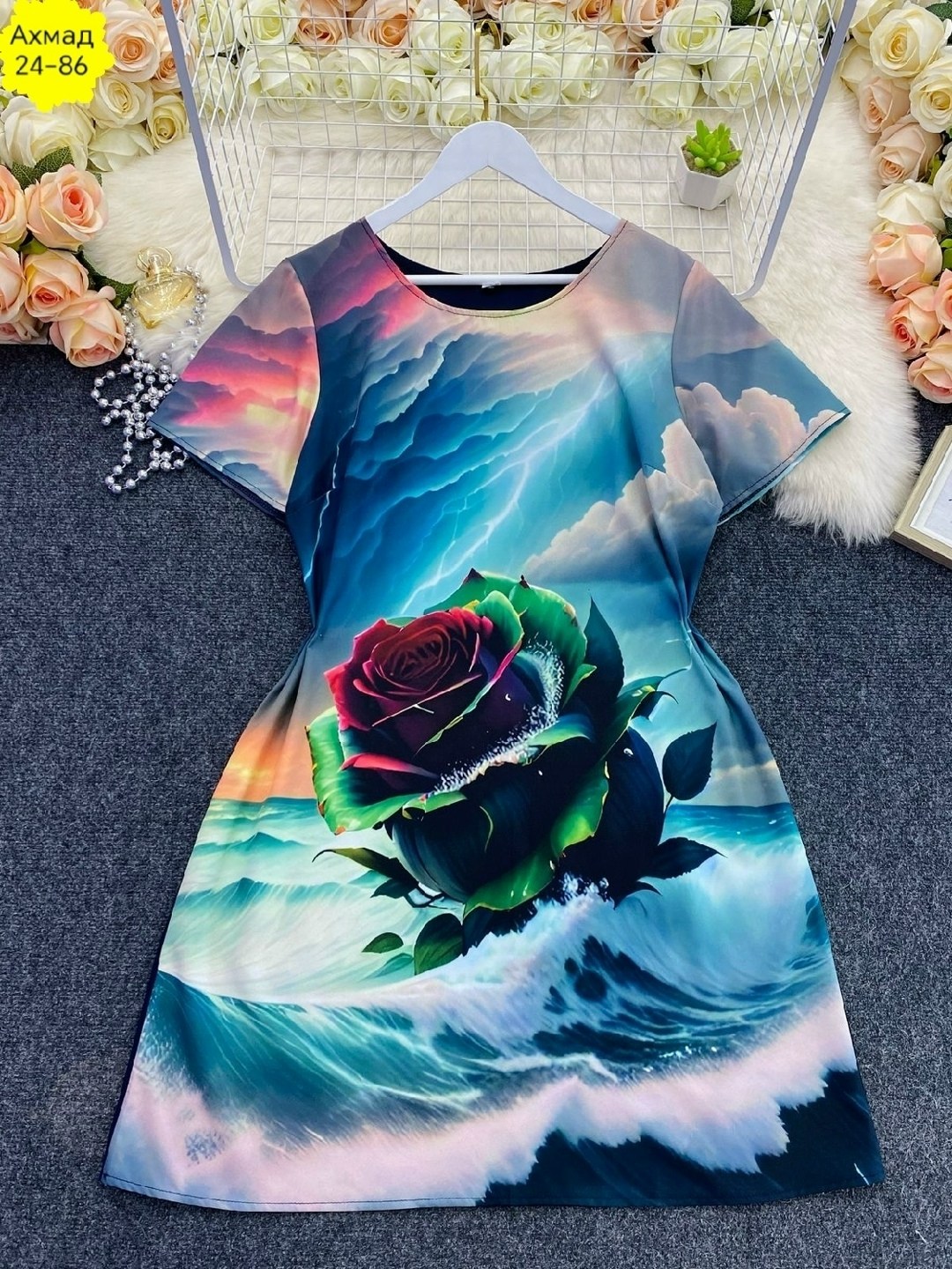платье женские,шикарное платье,платье с рисунком розы,платье для девочек,платье туника