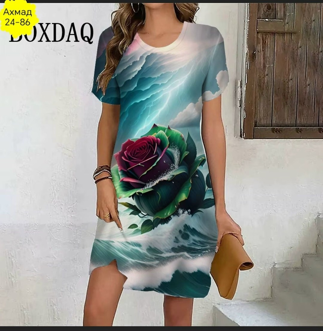 платье женские,шикарное платье,платье с рисунком розы,платье для девочек,платье туника