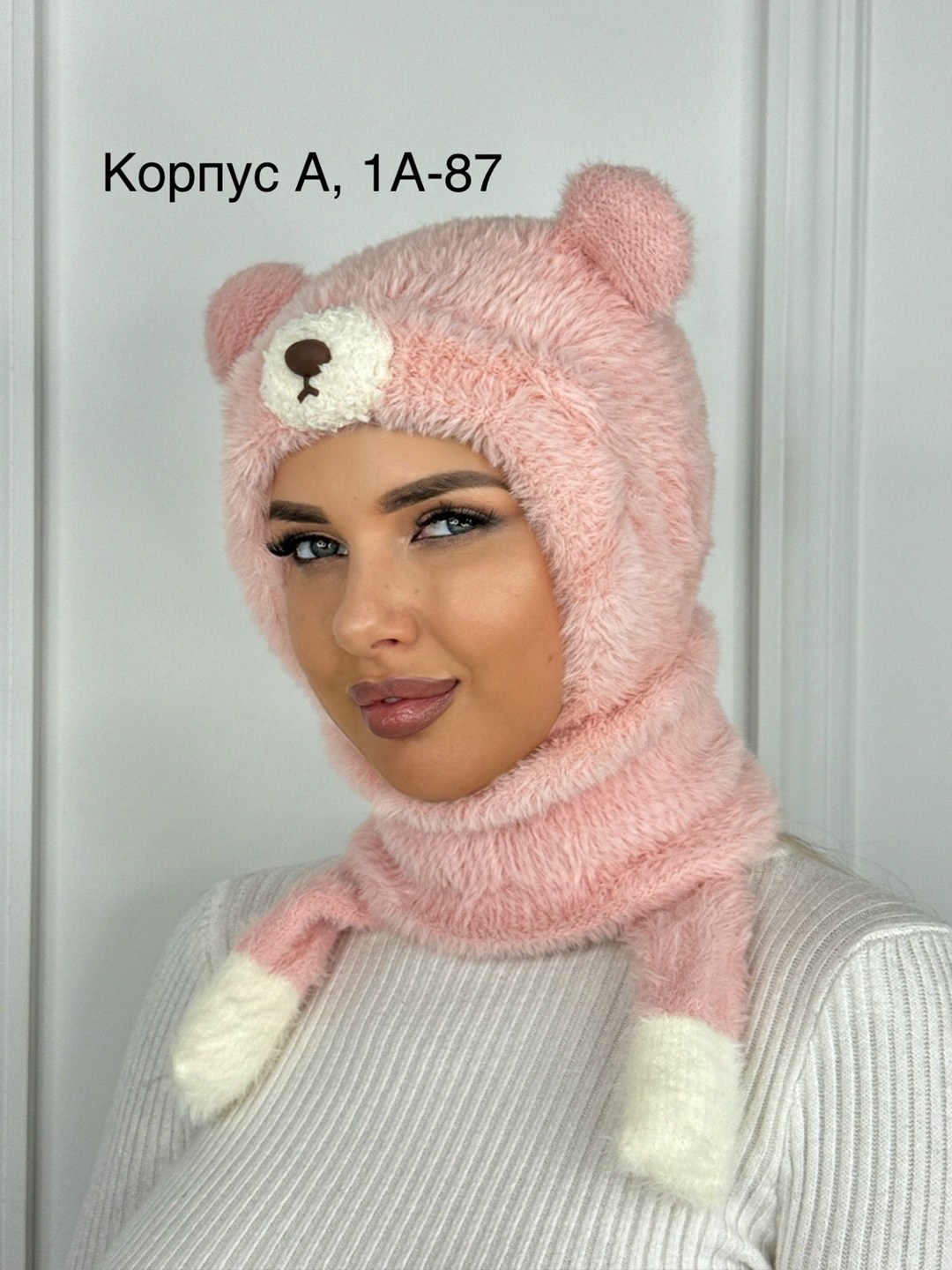 плюшевая шапка,шапки комплект женская,шапка капор,шапка с медвежьими ушками,шапка с ушками