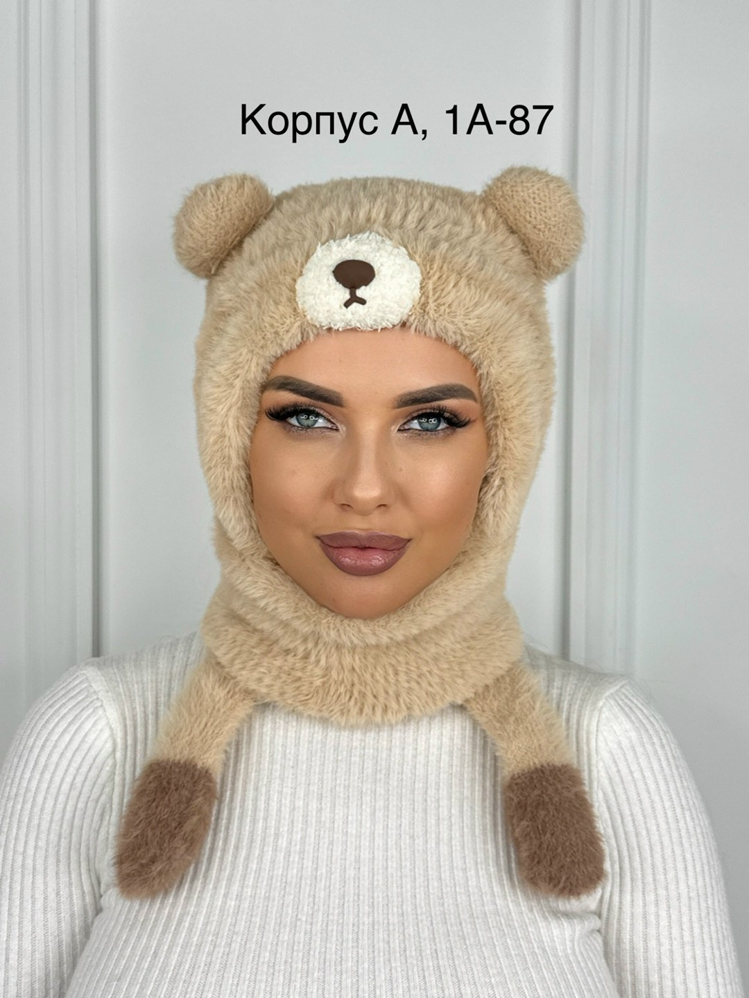плюшевая шапка,шапки комплект женская,шапка капор,шапка с медвежьими ушками,шапка с ушками