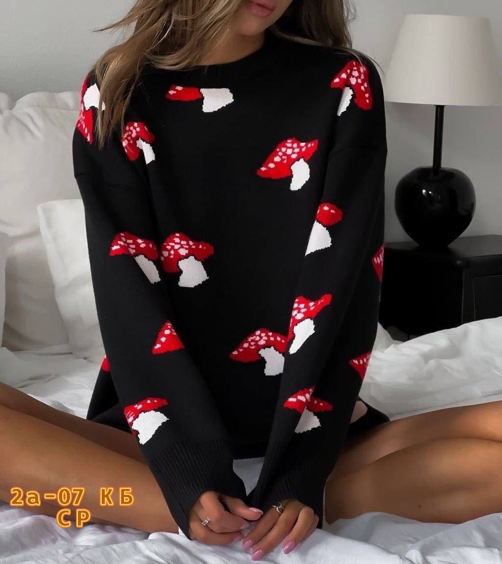 свитер,свитер в стиле оверсайз,свитер с мухоморами,свитер с принтом,модные свитера