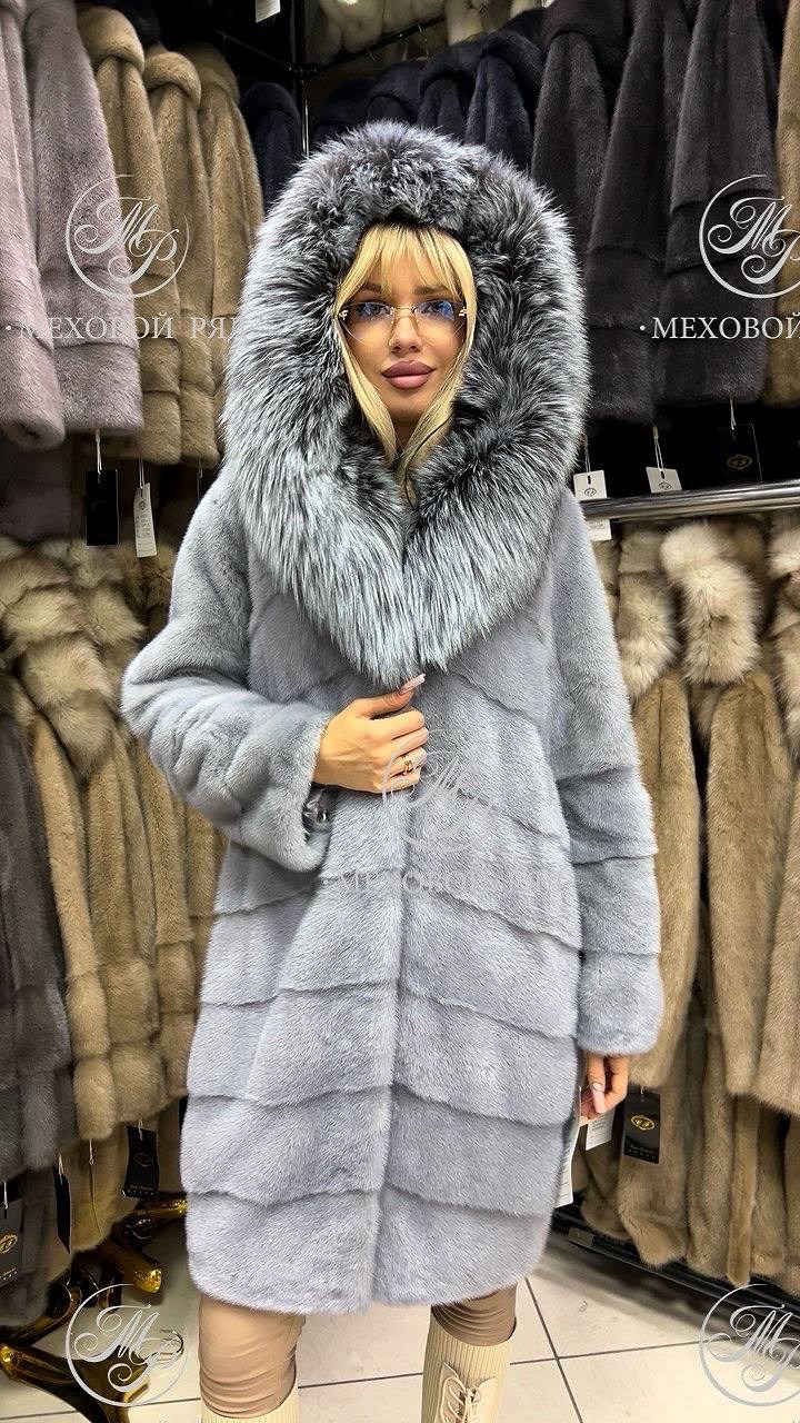 шуба голубая норка,норковая шуба с капюшоном,шуба норковая,шуба с капюшоном,шубка