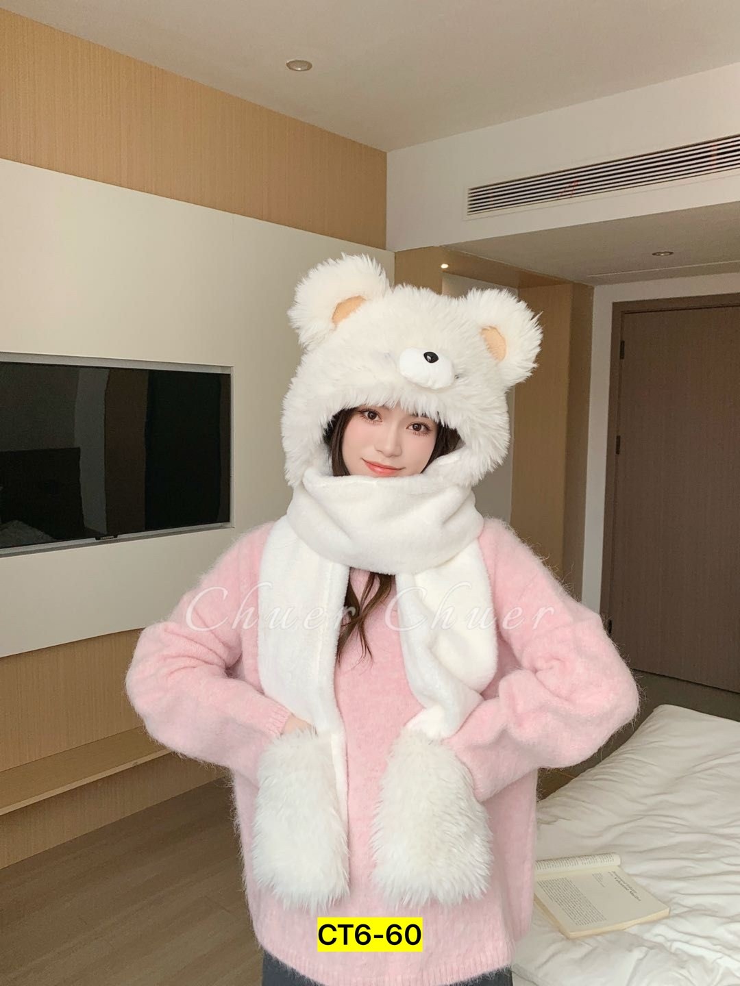 плюшевая шапка,шапка зимняя теплая,шапка женская зимняя,шапка шарф с ушками,шапка с шарфом