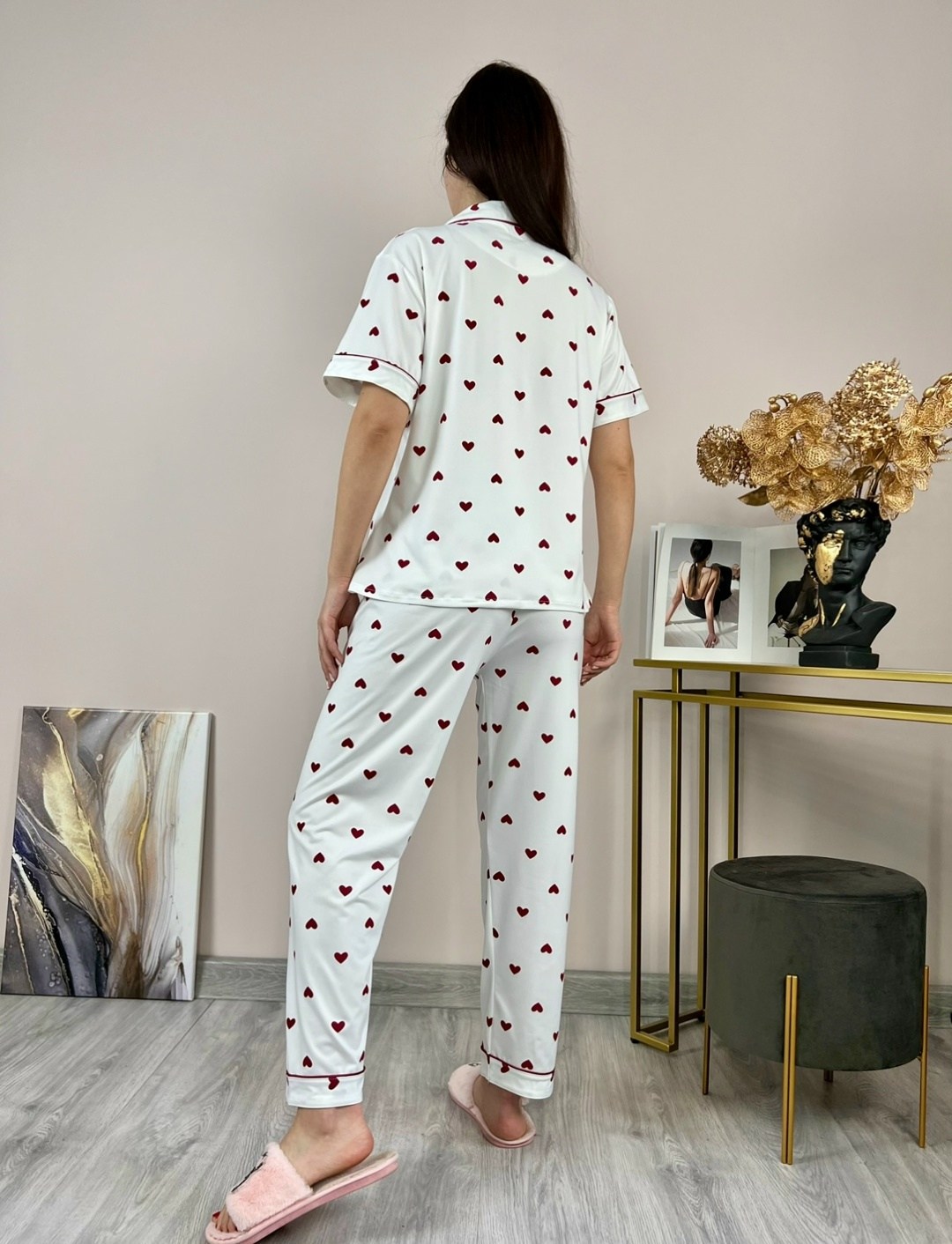 домашняя пижама со штанами и рубашкой,домашняя пижама со штанами и рубашкой с сердечками,пижама женская,пижама со штанами и рубашкой с сердечками,пижама комплект