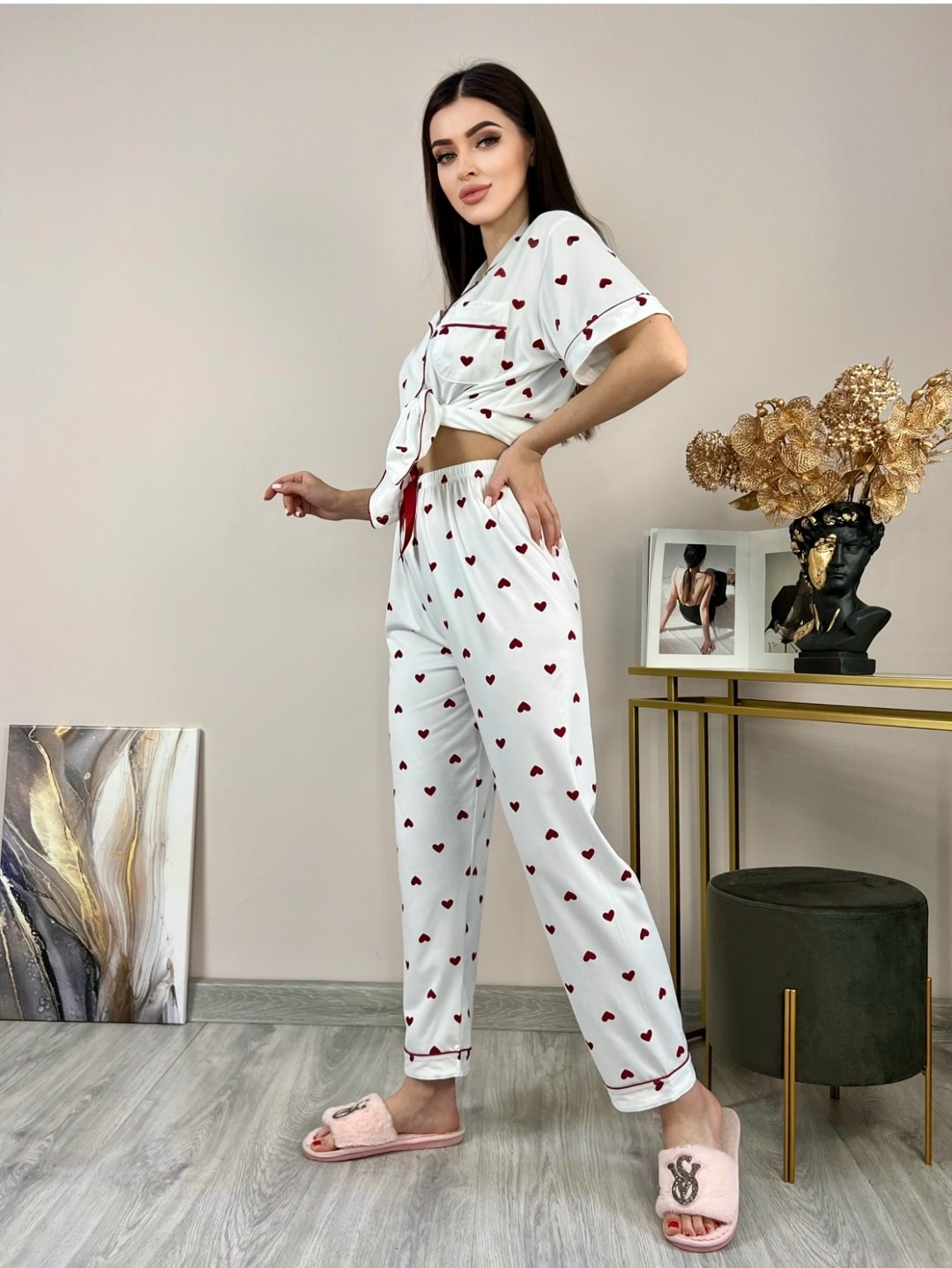 домашняя пижама со штанами и рубашкой,домашняя пижама со штанами и рубашкой с сердечками,пижама женская,пижама со штанами и рубашкой с сердечками,пижама комплект