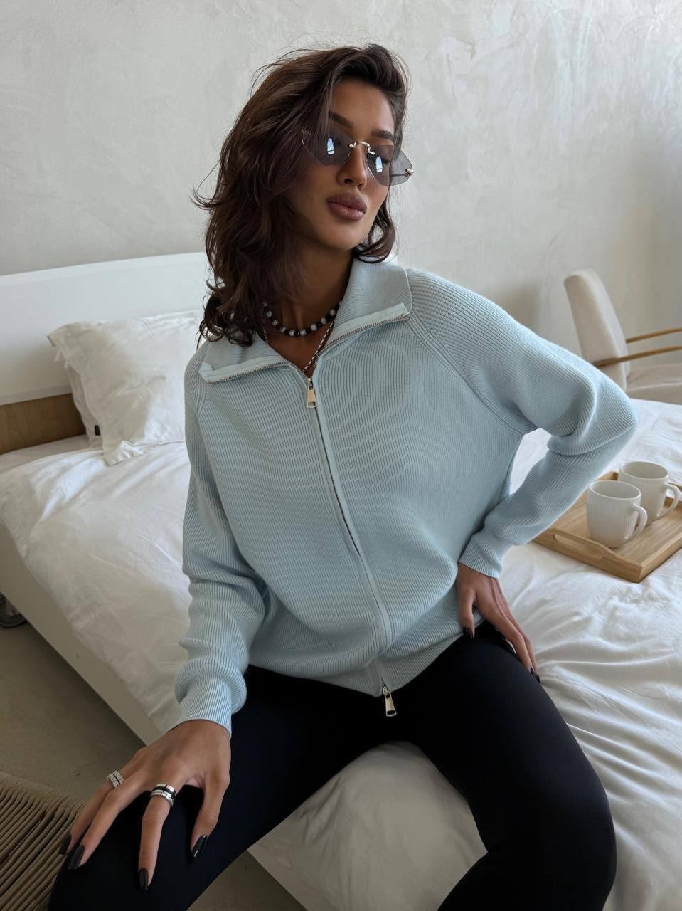 повседневный кардиган,кардиган,джемпер голубой,вязаный женский кардиган,джемпер на молнии женский