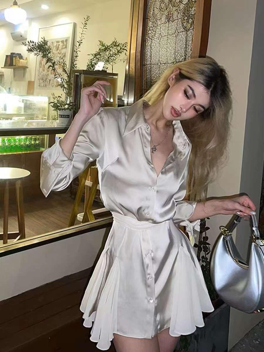 элегантное атласное платье,платье рубашка,женское атласное платье с длинным рукавом,модное платье,атласное платье