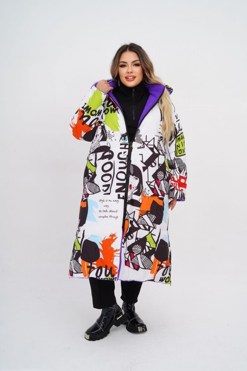пуховик зимний длинный оверсайз с принтом marimi,демисезонная куртка,удлиненная куртка,пуховик с принтом,пуховик зимний женский