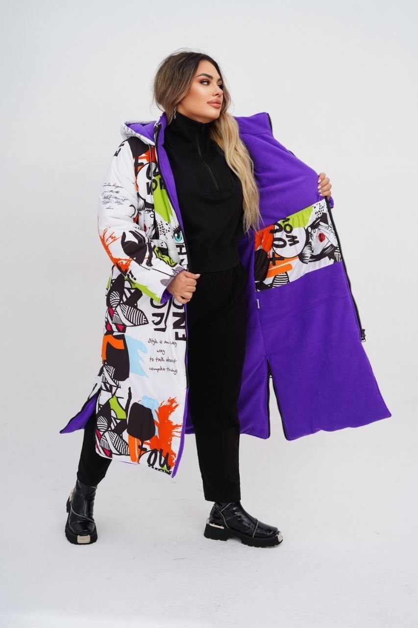 пуховик зимний длинный оверсайз с принтом marimi,демисезонная куртка,удлиненная куртка,пуховик с принтом,пуховик зимний женский