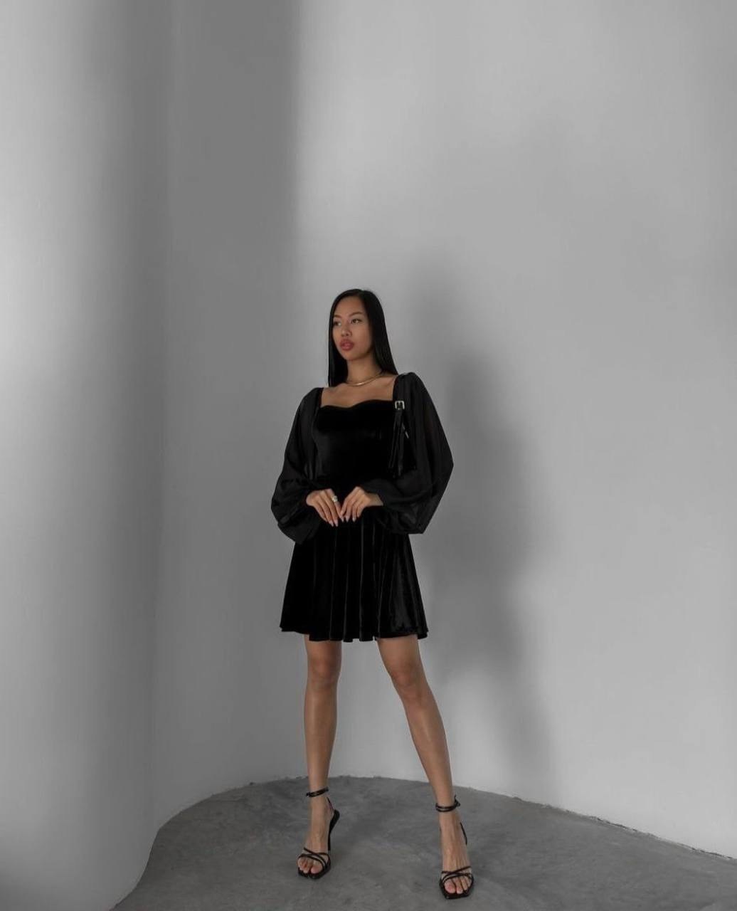 платье с шифоновыми рукавами,платье велюр,платье с пышными рукавами,платье идеальное,платье черное