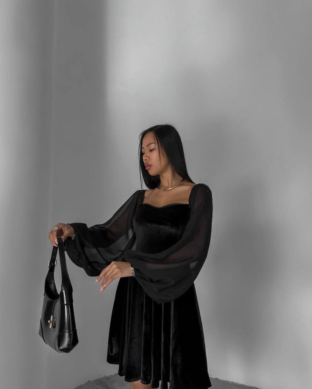 платье с шифоновыми рукавами,платье велюр,платье с пышными рукавами,платье идеальное,платье черное