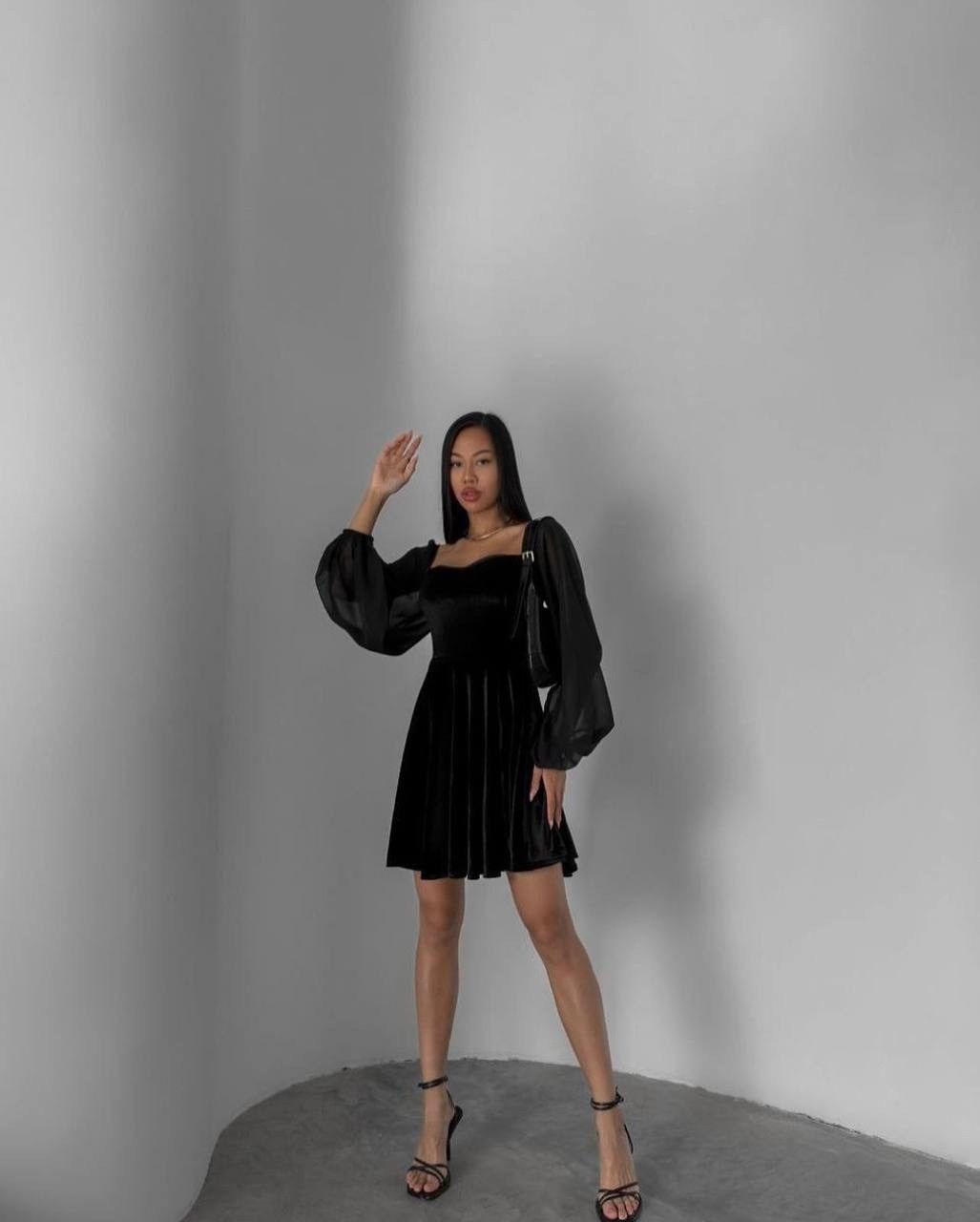 платье с шифоновыми рукавами,платье велюр,платье с пышными рукавами,платье идеальное,платье черное