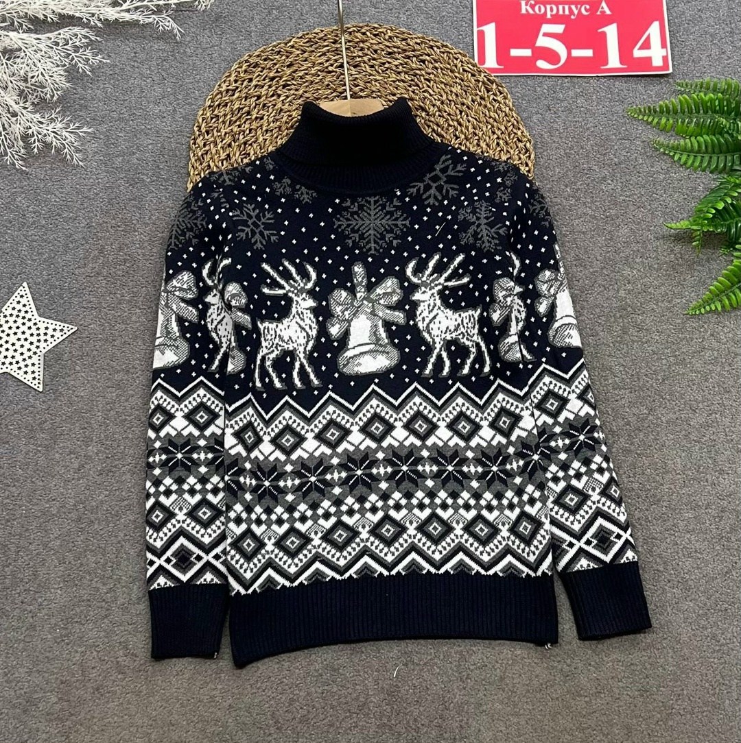 свитер детский с оленями,новогодние свитера для детей,новогодний джемпер,свитер с горлом новогодний с оленями,свитер новогодний