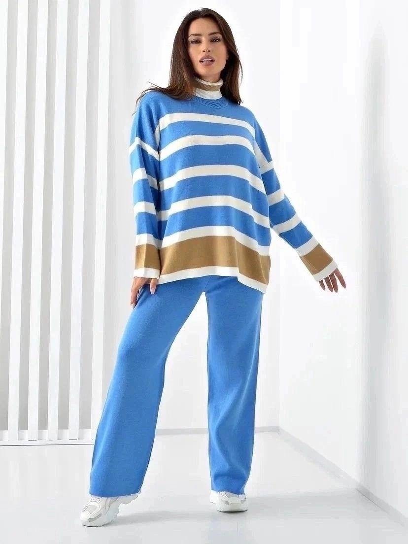 теплый трикотажный костюм с брюками,джемпер в полоску,трикотажные костюмы,трикотажный костюм с брюкам,костюм вязаной