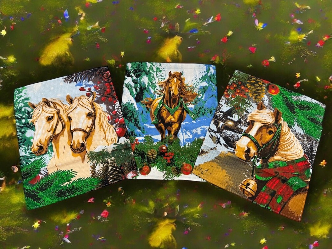 набор полотенец рогожка,набор полотенец,набор вафельные полотенца,картина лошадей,полотенце вафельное