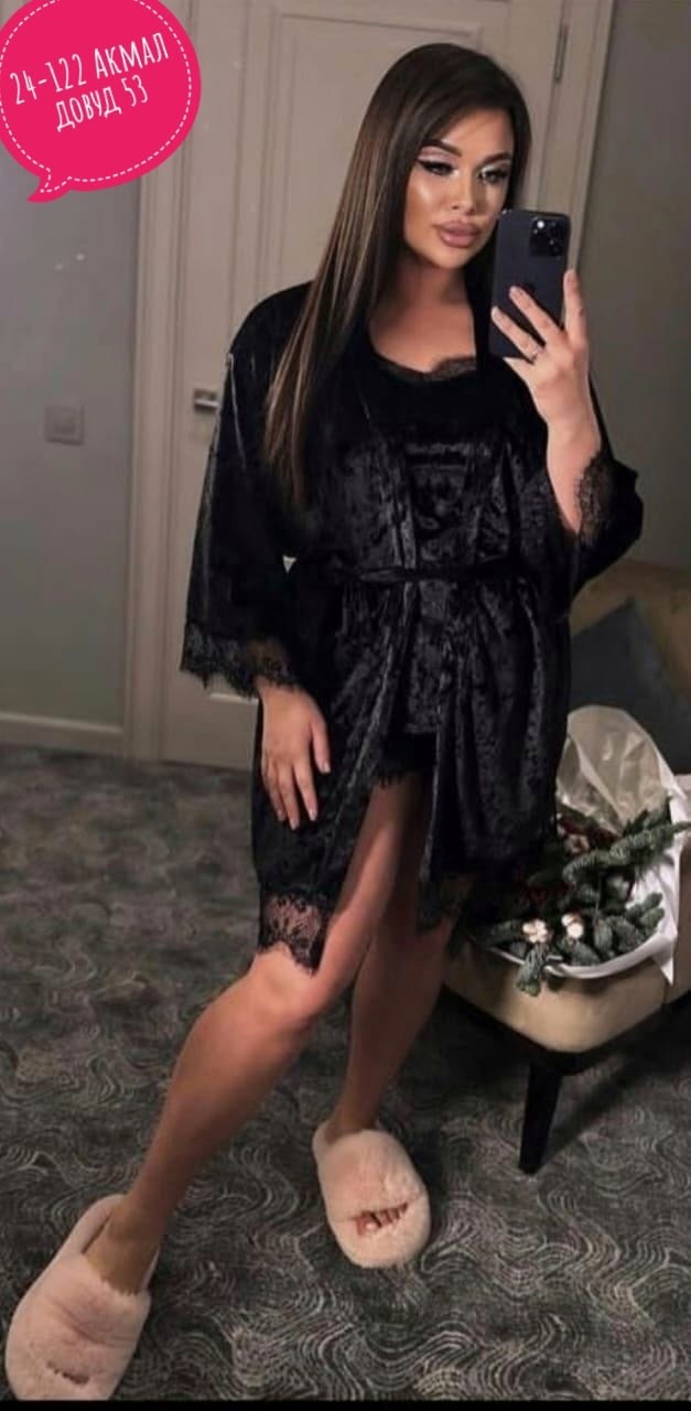 пеньюар женский комплект велюр,комплект с пеньюаром,пеньюар женский комплект,пижама женская 4ка велюр,комплект женская велюровая халат