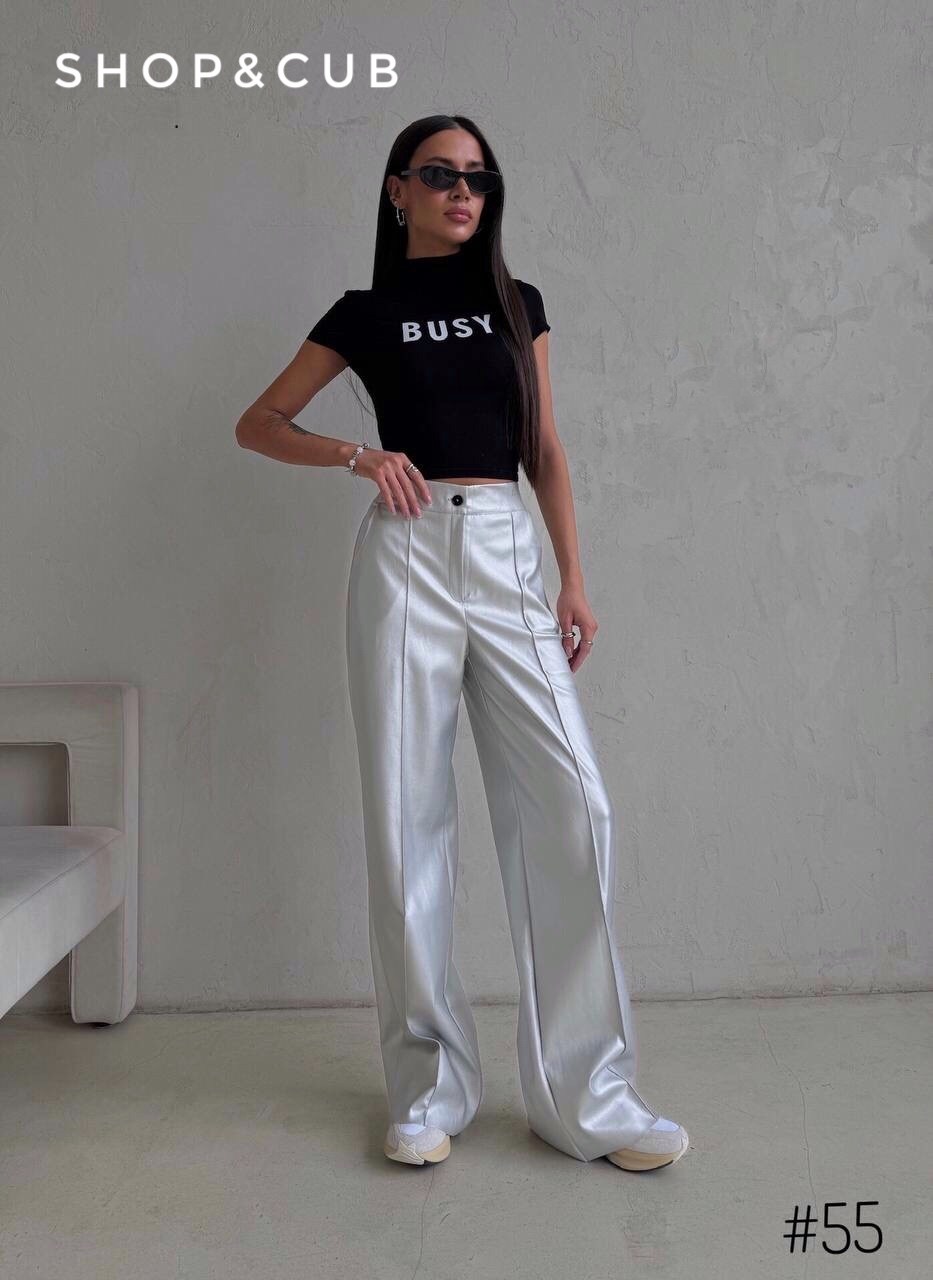 серебристые брюки широкие,серебряные брюки,элегантные брюки,брюки экокожа,серебристые брюки janina