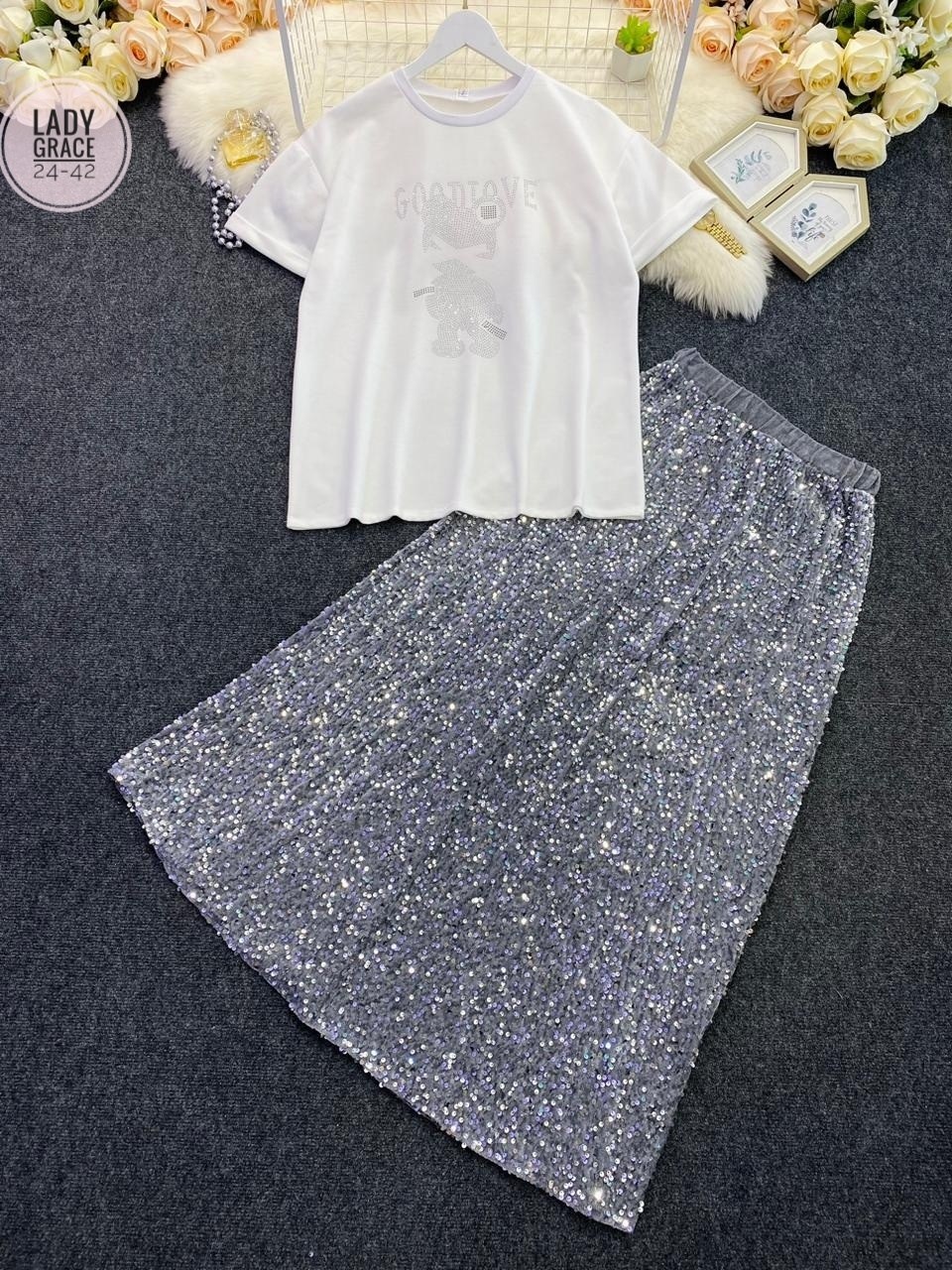 кофта и юбка,юбка пайетками,юбка с блестками,комплект костюм,костюмы двойки