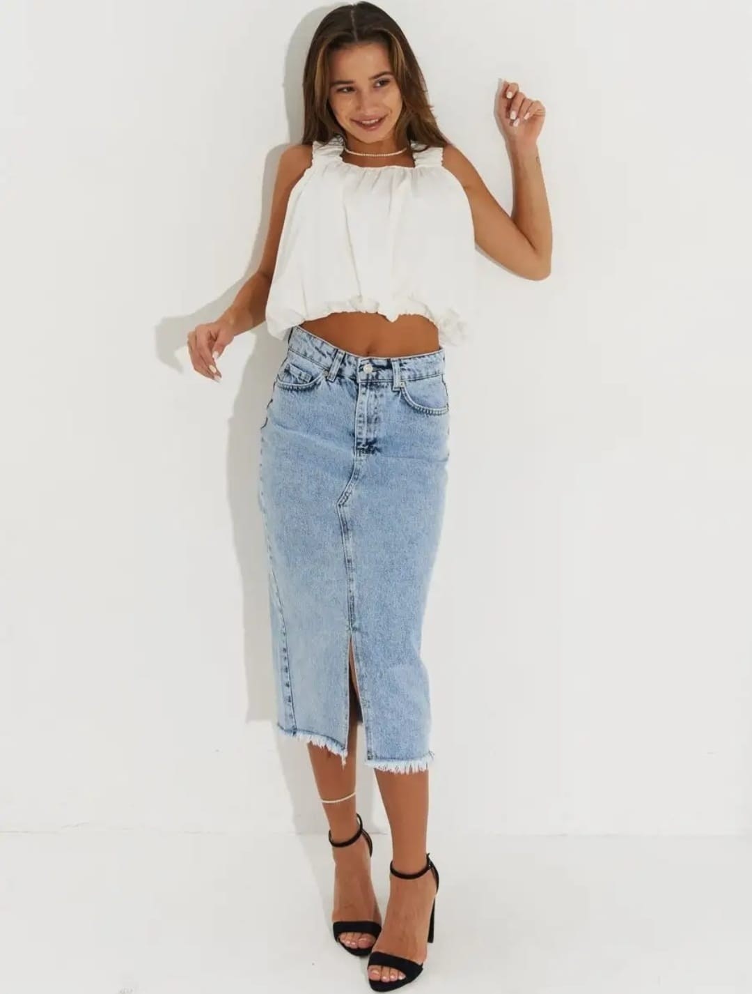 юбка женская джинсовая миди,юбка джинсовая,юбка миди джинсовая,юбка джинсовая миди с разрезам,юбка джинсовая тренд 2025