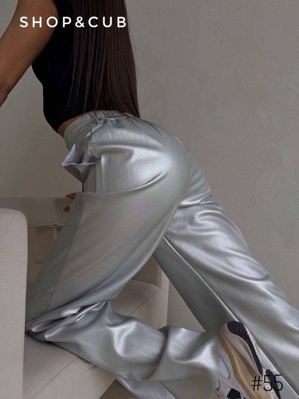 серебристые брюки широкие,серебряные брюки,элегантные брюки,брюки экокожа,серебристые брюки janina
