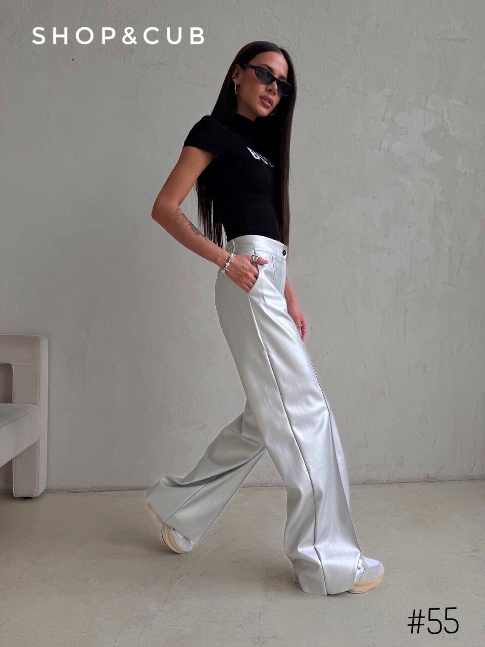 серебристые брюки широкие,серебряные брюки,элегантные брюки,брюки экокожа,серебристые брюки janina