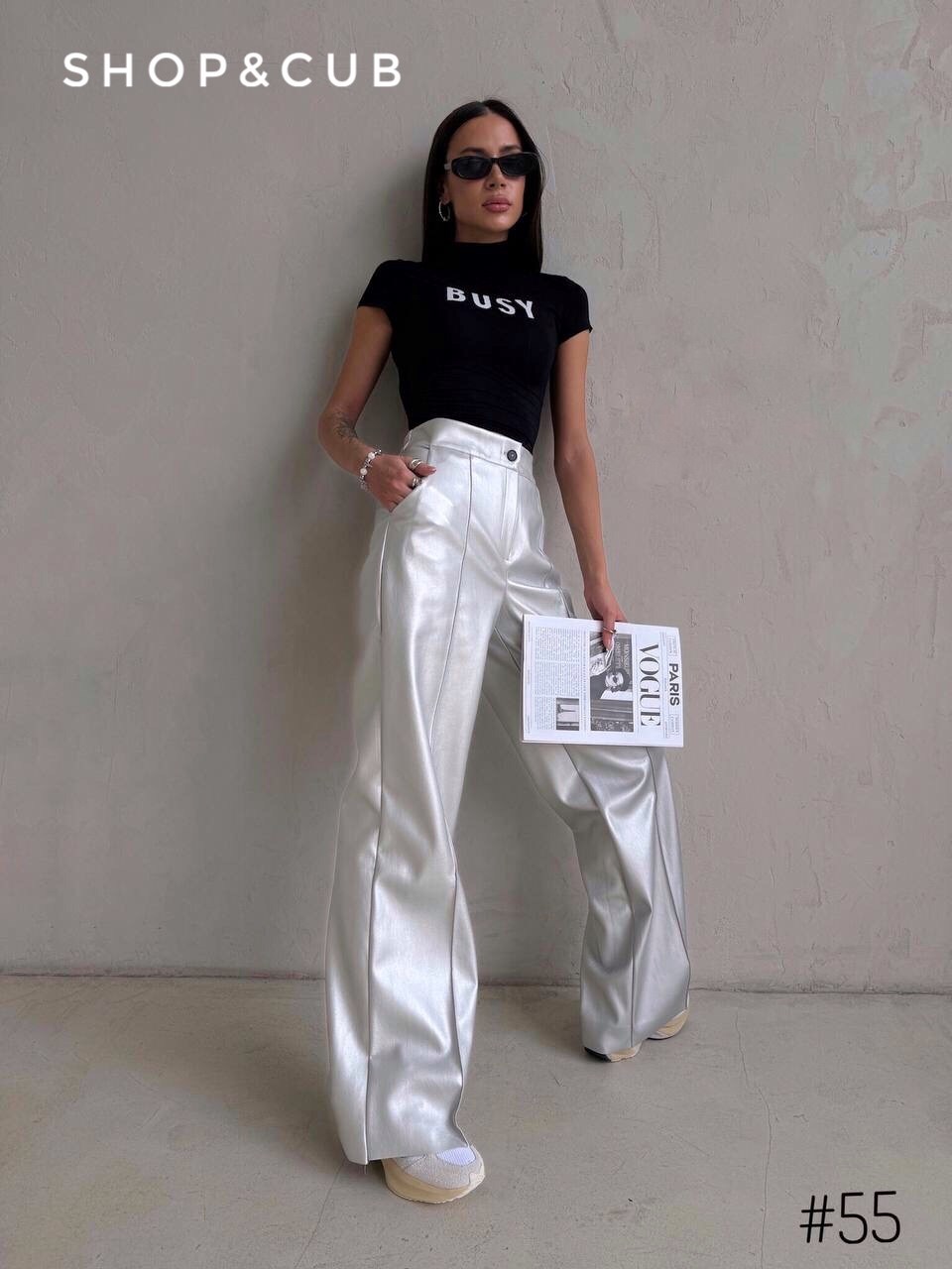 серебристые брюки широкие,серебряные брюки,элегантные брюки,брюки экокожа,серебристые брюки janina