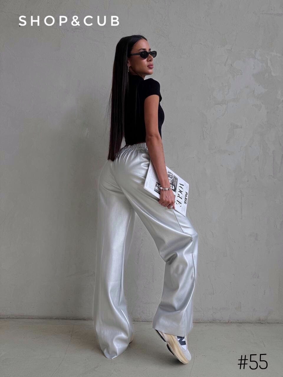серебристые брюки широкие,серебряные брюки,элегантные брюки,брюки экокожа,серебристые брюки janina