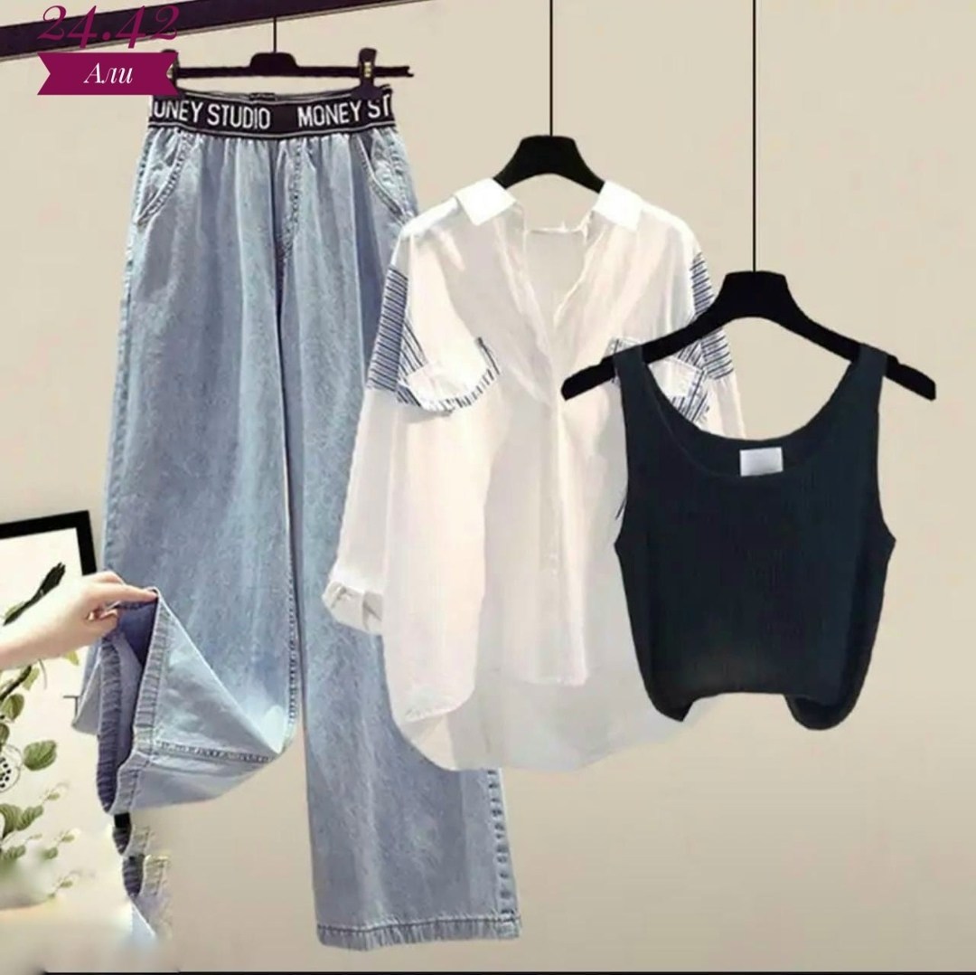 одежда женская модная,одежда женская,джинсовые широкие брюки,костюм женский тройка,женский комплект из трех предметов