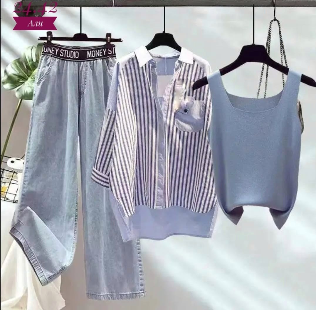 одежда женская модная,одежда женская,джинсовые широкие брюки,костюм женский тройка,женский комплект из трех предметов