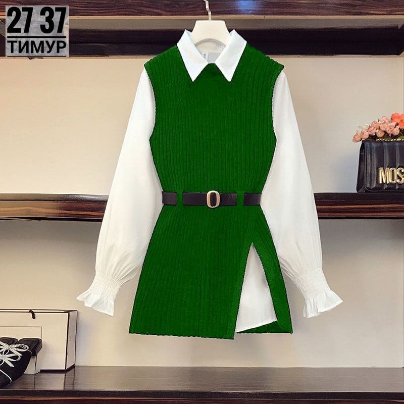 платье с жилеткой комплект,костюм с рубашкой,жилет с поясом,жилетка женская,вязаные жилеты