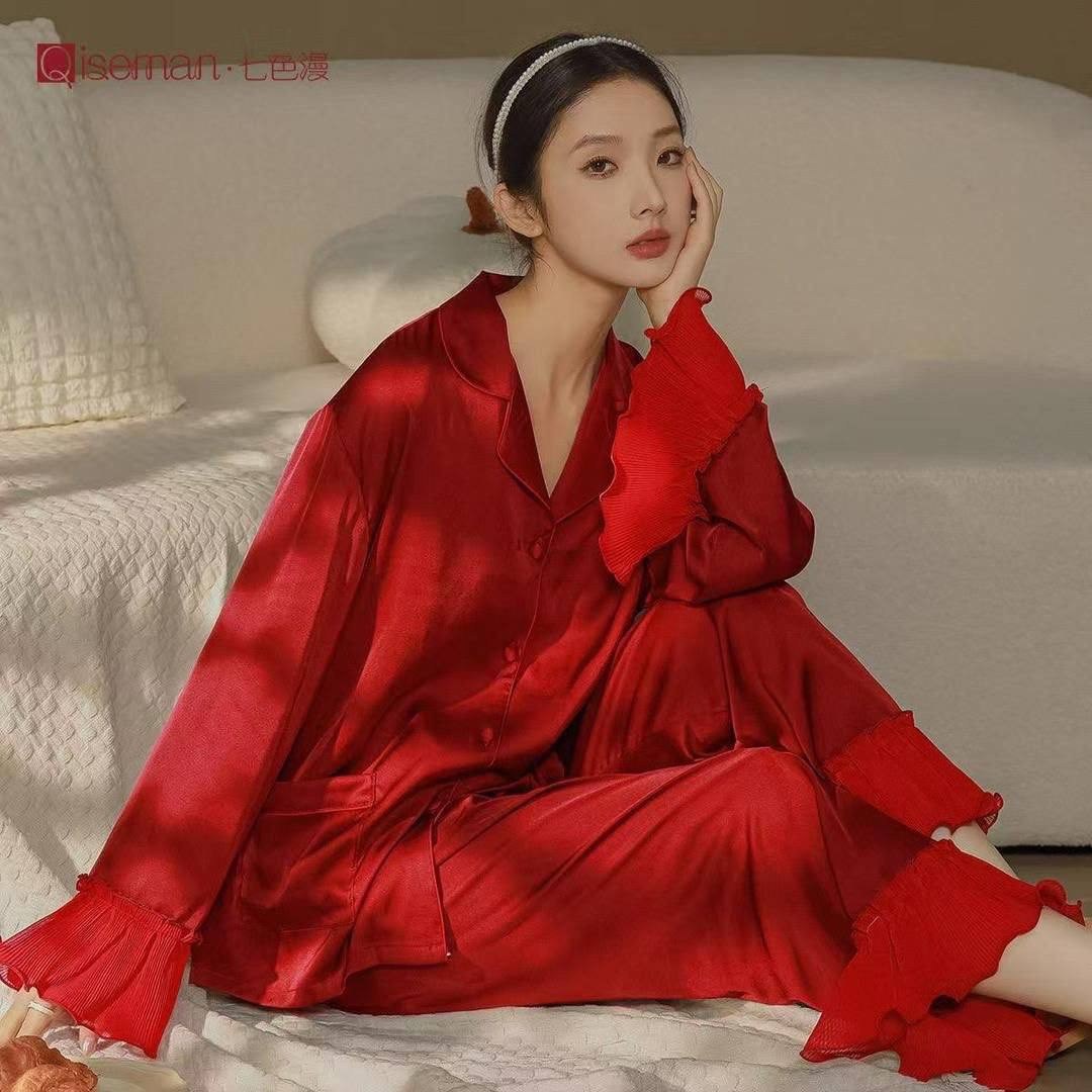 пижамный комплект с длинными рукавами,женская пижама с длинными рукавами,женская шелковая пижама,шелковая пижама,женский пижамный комплект с длинным рукавом