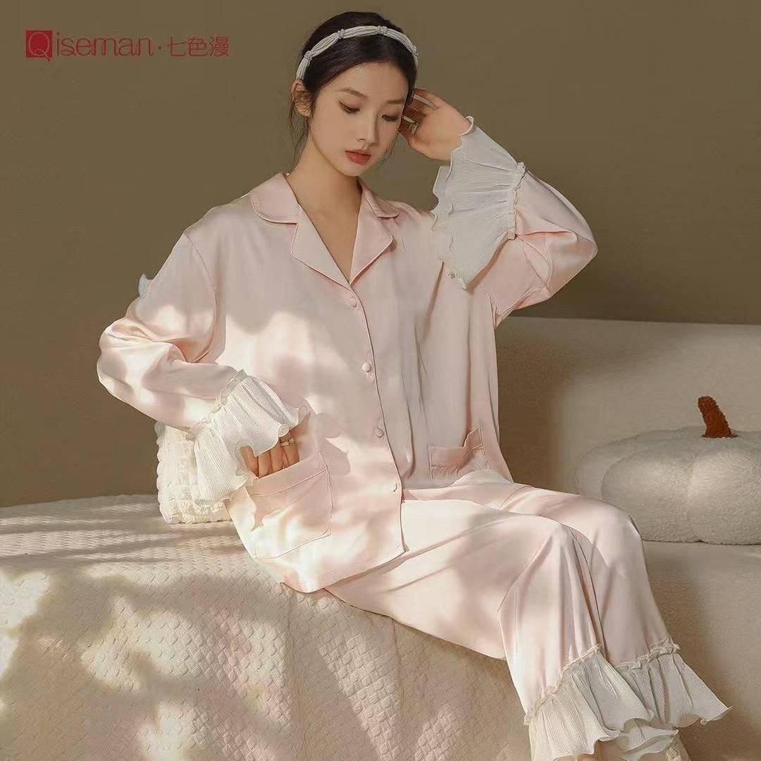 пижамный комплект с длинными рукавами,женская пижама с длинными рукавами,женская шелковая пижама,шелковая пижама,женский пижамный комплект с длинным рукавом